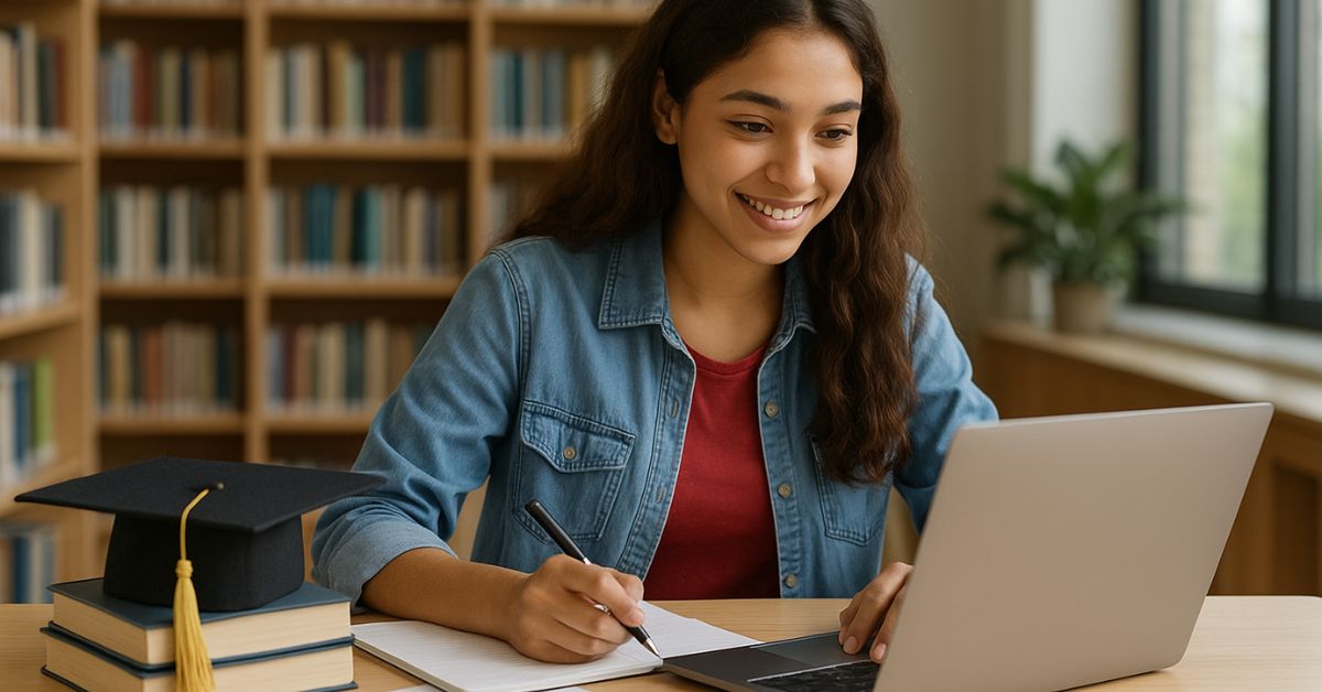 Smiling student taking online class with help from abroad study consultancy Kerala